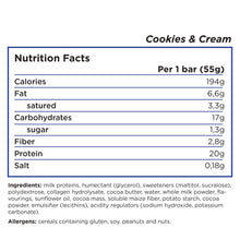 Load image into Gallery viewer, Barebells protein bar nutrition facts and ingredient for cookies&amp;cream flavor, 194 calories per bar, 6.6g of fat, 17g of carbs that contain only 1.3g of sugar and 2.8 of fiber and 20g protein for each bars of 55g