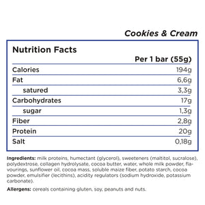 Barebells protein bar nutrition facts and ingredient for cookies&cream flavor, 194 calories per bar, 6.6g of fat, 17g of carbs that contain only 1.3g of sugar and 2.8 of fiber and 20g protein for each bars of 55g