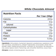 Load image into Gallery viewer, Barebells protein bar nutrition facts and ingredient for white chocolate flavor, 200 calories per bar, 8.1g of fat, 16g of carbs that contain only 1.2g of sugar and 3.3 of fiber and 20g f protein for each bars of 55g