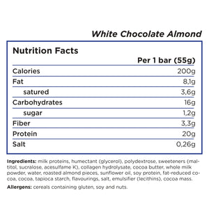 Barebells protein bar nutrition facts and ingredient for white chocolate flavor, 200 calories per bar, 8.1g of fat, 16g of carbs that contain only 1.2g of sugar and 3.3 of fiber and 20g f protein for each bars of 55g