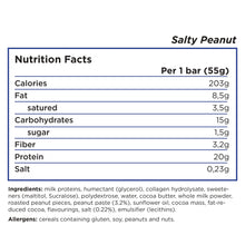 Load image into Gallery viewer, Barebells protein bar nutrition facts and ingredient for salty peanut flavor, 203 calories per bar, 8.5g of fat, 15g of carbs that contain only 1.5g of sugar and 3.2 of fiber and 20g protein for each bars of 55g