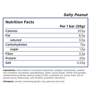 Barebells protein bar nutrition facts and ingredient for salty peanut flavor, 203 calories per bar, 8.5g of fat, 15g of carbs that contain only 1.5g of sugar and 3.2 of fiber and 20g protein for each bars of 55g