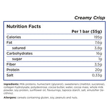 Load image into Gallery viewer, Barebells protein bar nutrition facts and ingredient for creamy crisp flavor