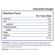 Load image into Gallery viewer, Barebells protein bar nutrition facts and ingredient for chocolate dough flavor, 197 calories per bar, 7.5g of fat, 16g of carbs that contain only 1.3g of sugar and 3.5 of fiber and 20g protein for each bars of 55g