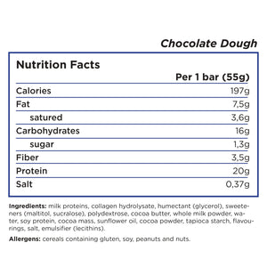 Barebells protein bar nutrition facts and ingredient for chocolate dough flavor, 197 calories per bar, 7.5g of fat, 16g of carbs that contain only 1.3g of sugar and 3.5 of fiber and 20g protein for each bars of 55g